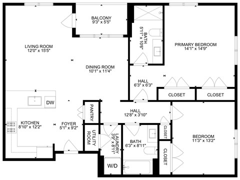 Floor plan for 2 beds, 2 baths, 1140 sqft